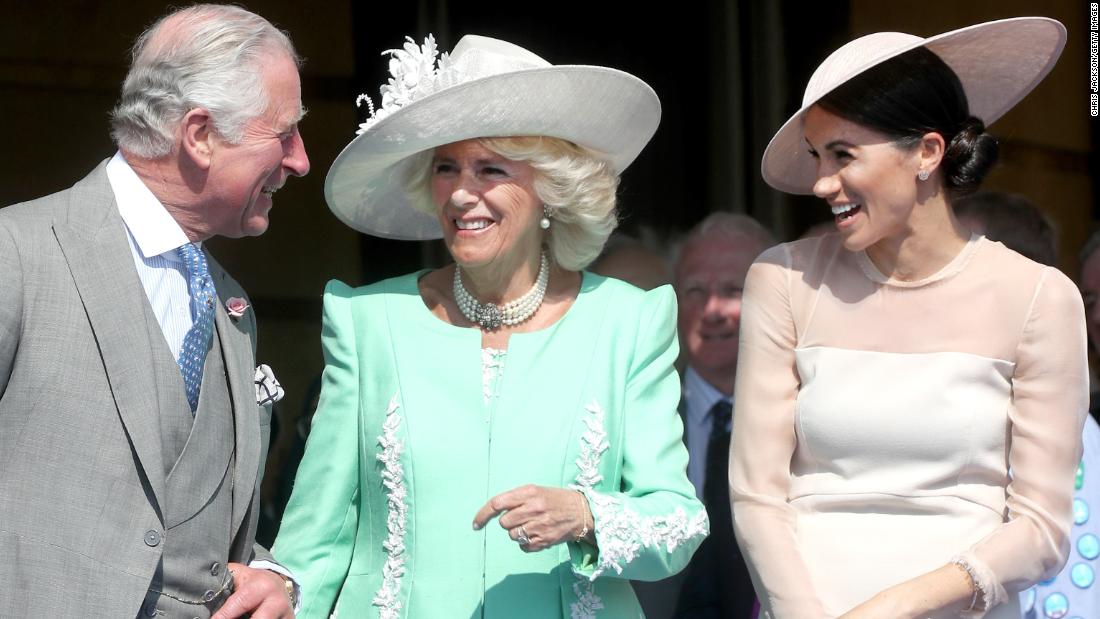 Charles, Camilla and Meghan, the Duchess of Sussex, attend Charles&#39; 70th birthday patronage celebration held at Buckingham Palace in May 2018.