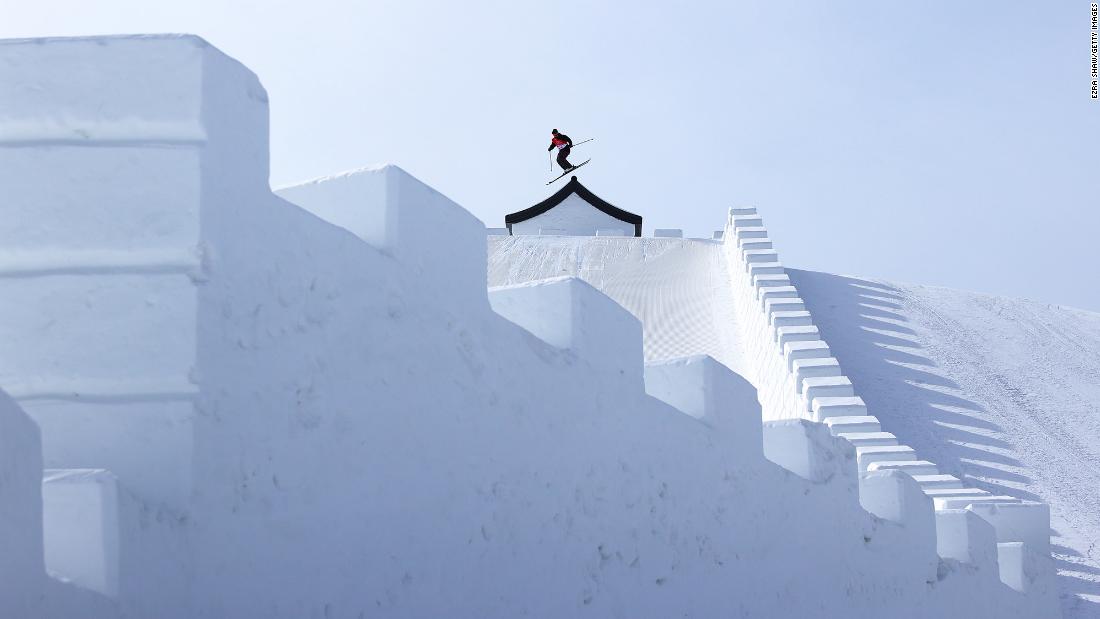 Canadian freestyle skier Evan McEachran trains on February 11. The slopestyle course featured a tribute to the Great Wall of China.