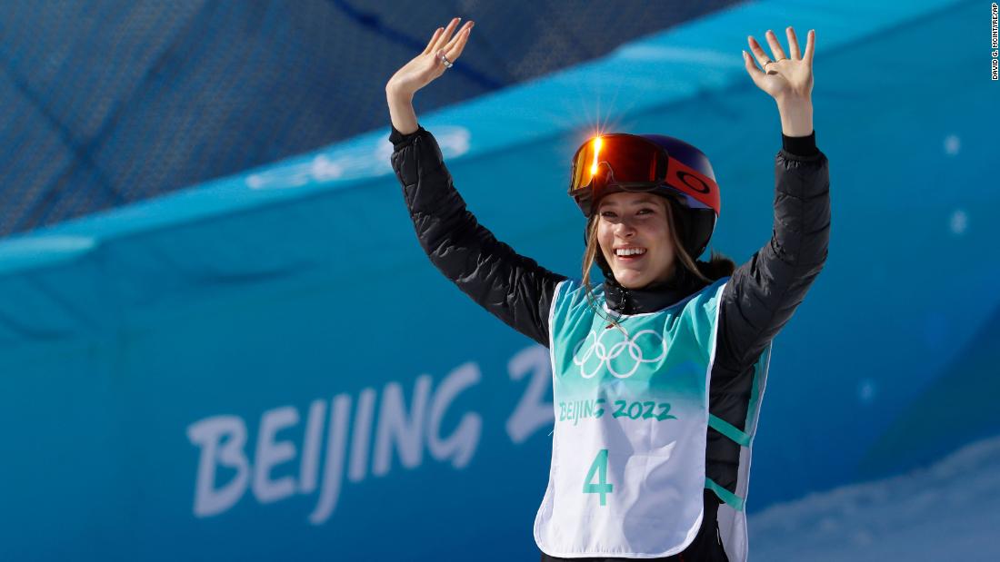Gold medalist Eileen Gu celebrates on the podium during the freestyle skiing women&#39;s big air final during the Beijing 2022 Olympic Winter Games.