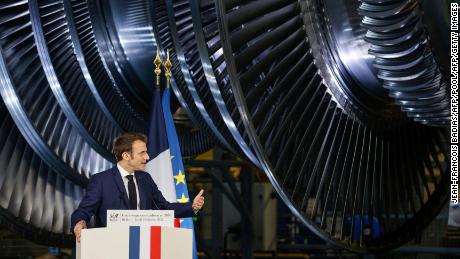 French President Emmanuel Macron delivers a speech at the GE Steam Power System main production site for its nuclear turbine systems on February 10, 2022.