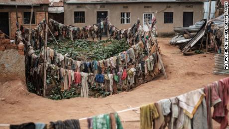 This photo taken on April 9, 2019, shows victims&#39; clothes recovered from pits used as mass graves during the 1994 Rwandan genocide and hidden under houses in Kabuga, on the outskirts of Kigali.