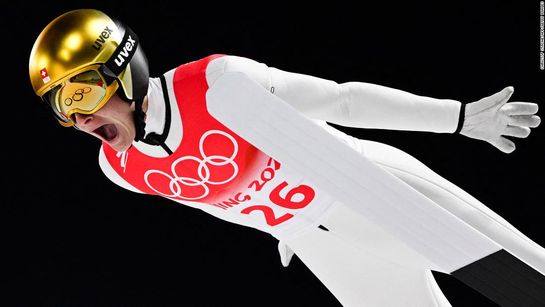 Swiss ski jumper Dominik Peter competes in the large hill event on February 11.