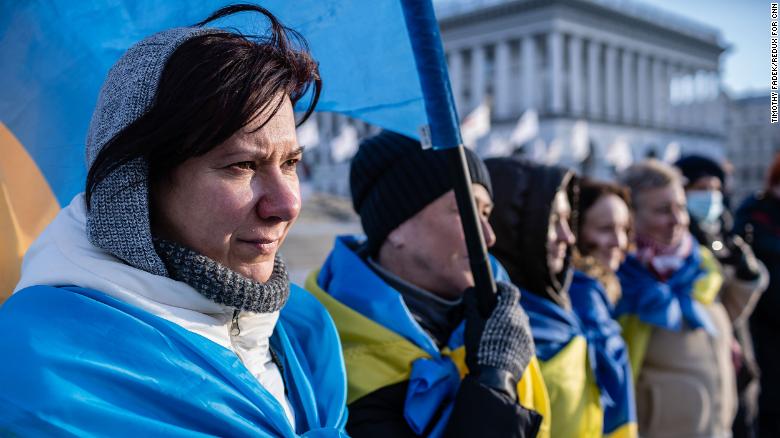 An anti-war demonstration takes place in Kyiv's Independence Square on February 12.