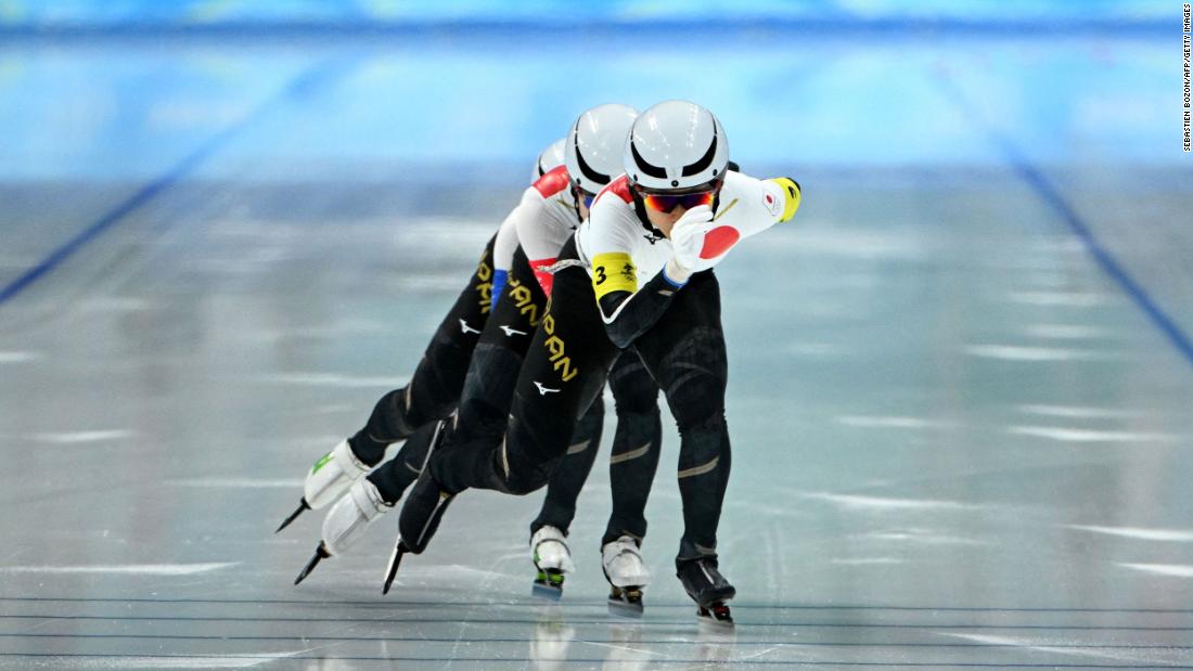 Japanese speedskater Miho Takagi leads her team in the team pursuit quarterfinals on February 12. Japan set a new Olympic record and qualified fastest for the semifinals.