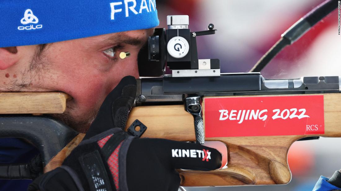 French biathlete Simon Desthieux warms up before the 10-kilometer sprint on February 12.