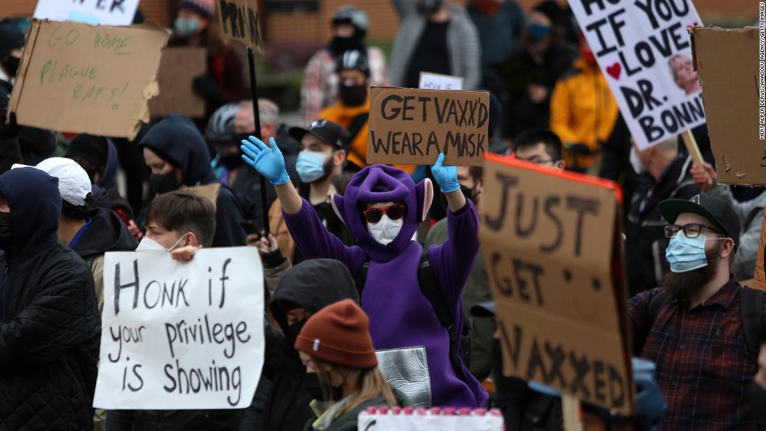 Counterprotesters gather at Terminal Avenue to block a convoy of protesters in Vancouver on February 5.