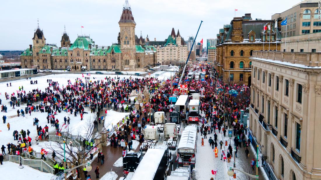 Truck drivers and others protest Covid-19 pandemic restrictions in Ottawa on February 12.