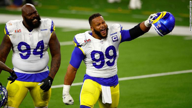 Rams defensive tackle Aaron Donald reacts after sacking Cincinnati Bengals quarterback Joe Burrow during Super Bowl LVI on Sunday in Inglewood, California.