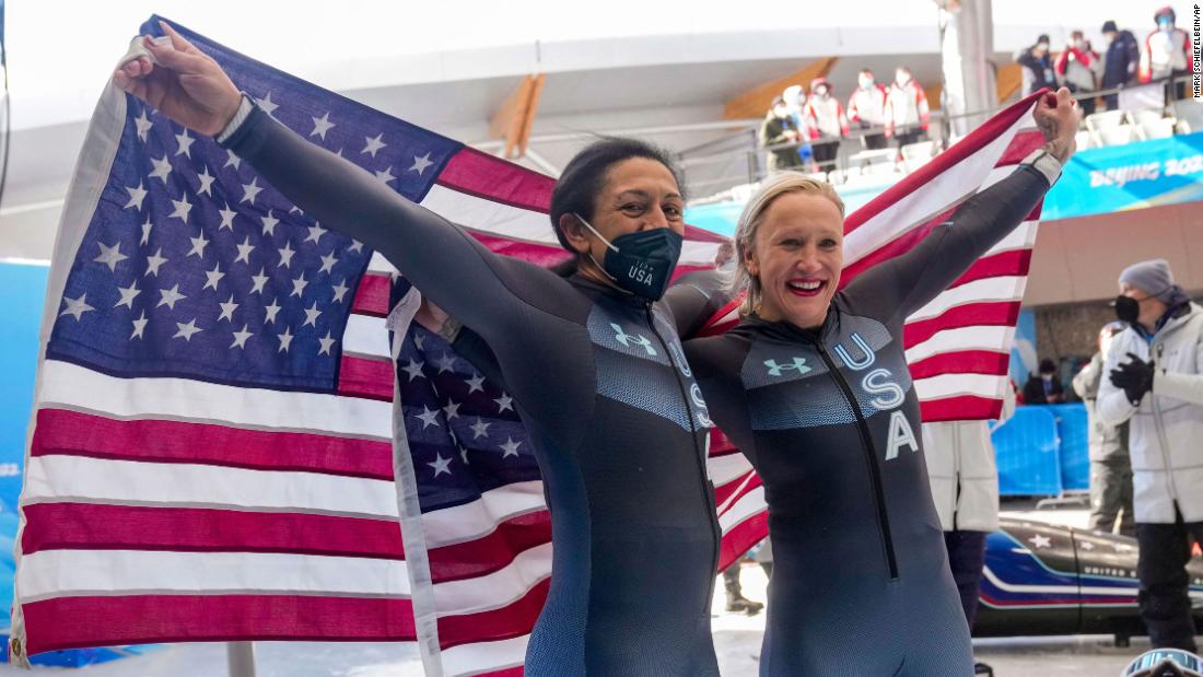 Team USA's Kaillie Humphries and Elana Meyers Taylor top the podium in monobob's Olympic debut