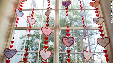 The East Wing landing is decorated for Valentine&#39;s Day on Friday, February 11, 2022, at the White House. 