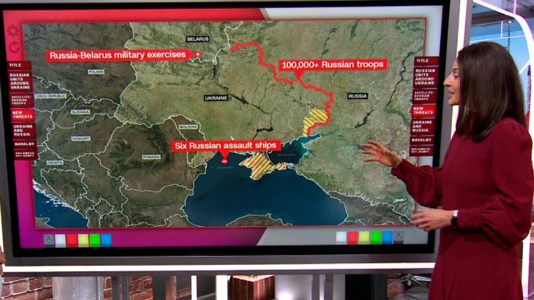 Map shows Russian forces surrounding Ukraine on three sides