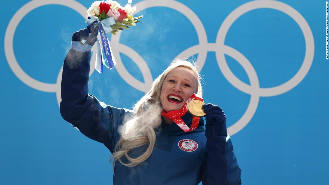 There&#39;s nothing quite like that gold medal winning feeling ... Humphries poses during the women&#39;s monobob bobsled medal ceremony on day 10 of Beijing 2022 Winter Olympic Games.