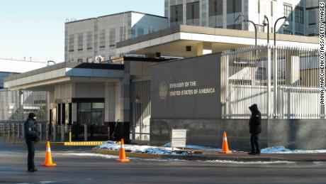 KIEV, UKRAINE - FEBRUARY 14, 2022: A view of the US Embassy in Kiev. The US diplomatic staff will work from the Ukrainian city of Lviv. Anna Marchenko/TASS (Photo by Anna Marchenko\TASS via Getty Images)