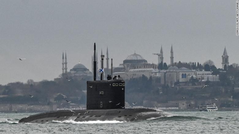 The Russian navy's diesel-electric Kilo-class submarine, Rostov-on-Don, moves through Turkey's Bosphorus Strait en route to the Black Sea on February 13.