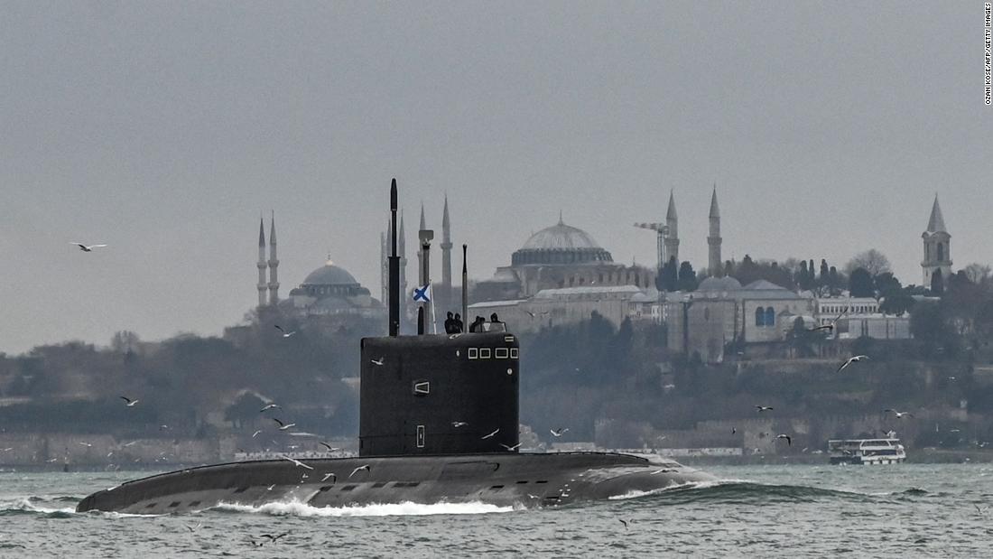 The Russian navy&#39;s diesel-electric Kilo-class submarine, Rostov-on-Don, moves through Turkey&#39;s Bosphorus Strait en route to the Black Sea on February 13.