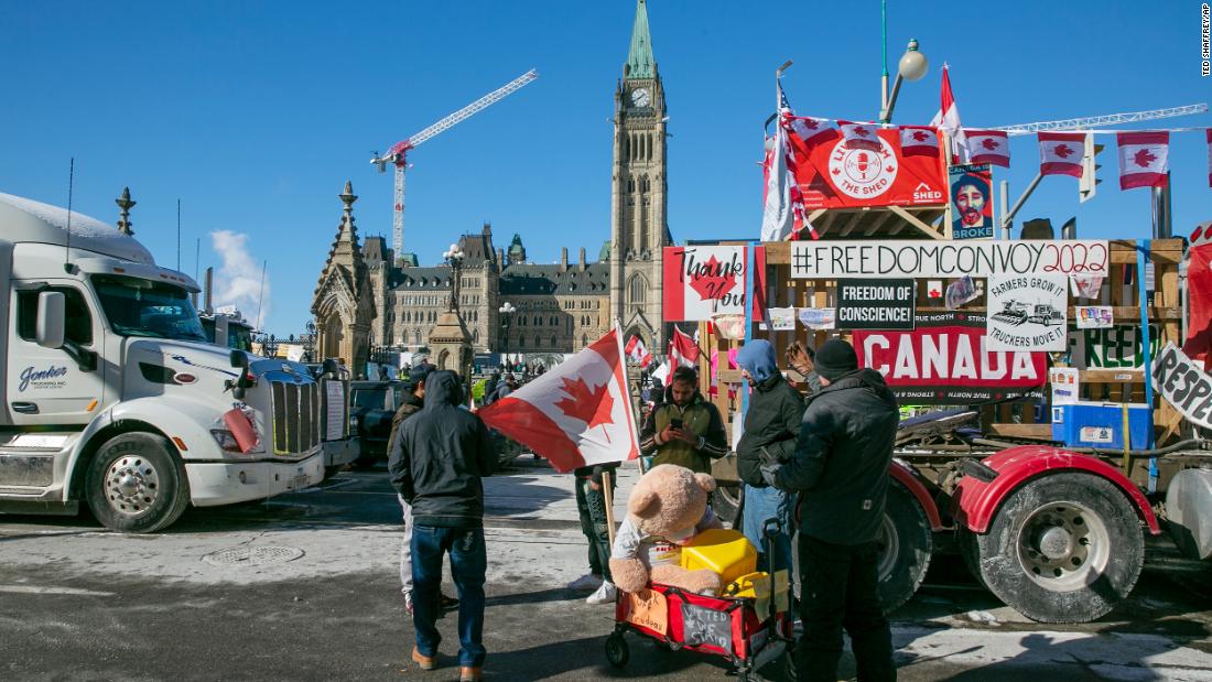 Truck drivers block traffic outside Canada&#39;s Parliament in Ottawa on Monday, February 14.
