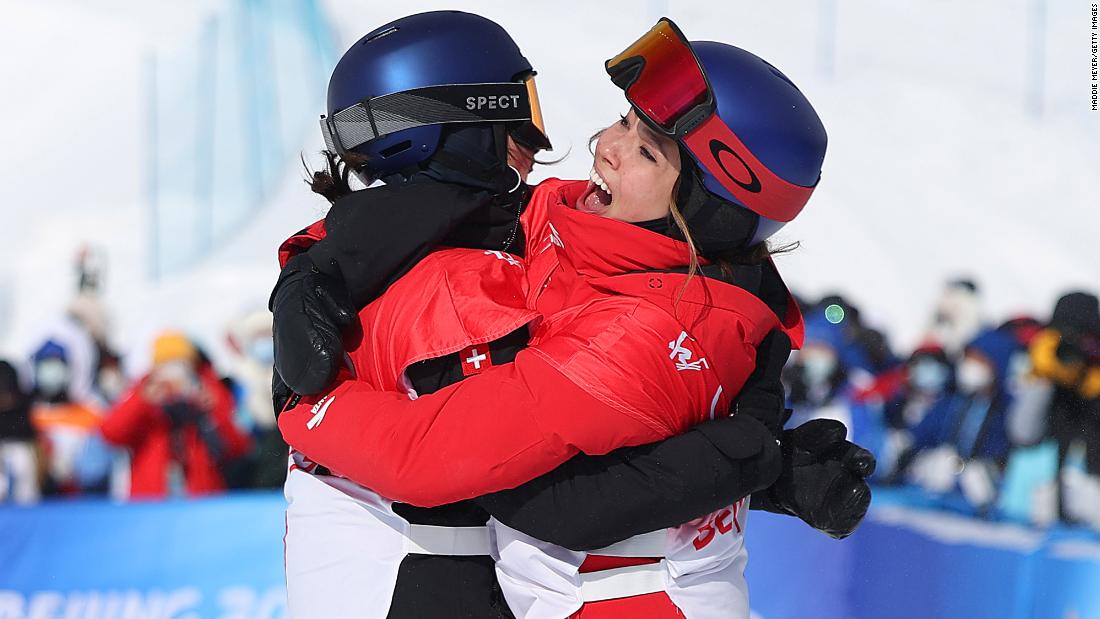 Swiss freestyle skier Mathilde Gremaud, left, hugs China&#39;s Eileen Gu after &lt;a href=&quot;https://www.cnn.com/world/live-news/beijing-winter-olympics-02-15-22-spt/h_37c061d273dbb25165e83ba6fb203dd2&quot; target=&quot;_blank&quot;&gt;they finished 1-2 in the slopestyle finals&lt;/a&gt; on February 15. Gremaud won gold and Gu won silver.