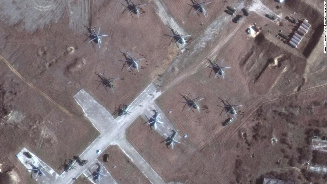 Satellite images taken on February 13 by Maxar Technologies revealed that dozens of helicopters had appeared at a previously vacant airbase in Russian-occupied Crimea.