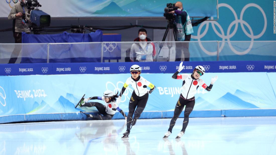 Japanese speedskaters react as teammate Nana Takagi &lt;a href=&quot;https://www.cnn.com/world/live-news/beijing-winter-olympics-02-15-22-spt/h_22cc2cf17a44ce79d6c03b3aa6a7155f&quot; target=&quot;_blank&quot;&gt;crashes during the team pursuit final&lt;/a&gt; on February 15. Japan was leading Canada and looked on course to win the gold when Takagi got one of her blades caught in the ice on the final corner, causing her to fall and crash into the barriers. Japan finished with the silver.