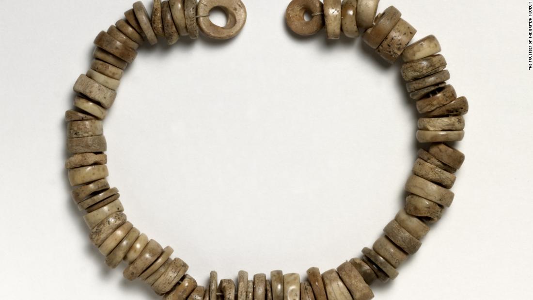 This bone-bead necklace was found in Skara Brae, Orkney, and is 5,100 to 4,500 years old. Many of the objects on display reveal that Stonehenge was not home to an isolated community but one with long-distance connections.