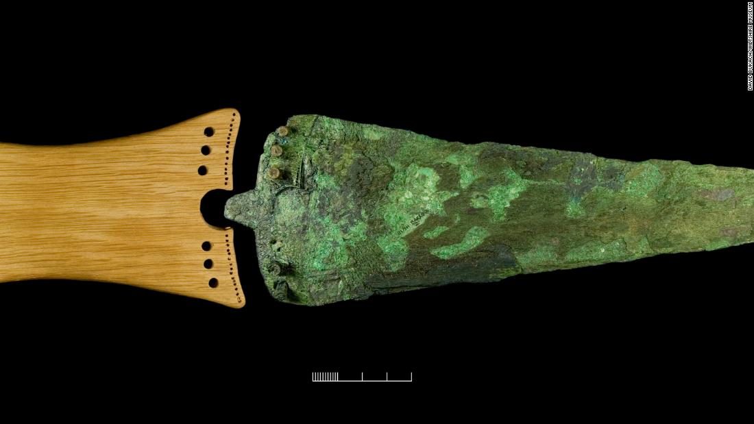 This dagger, with a replica handle, was also buried at the Bush Barrow site near Stonehenge. 