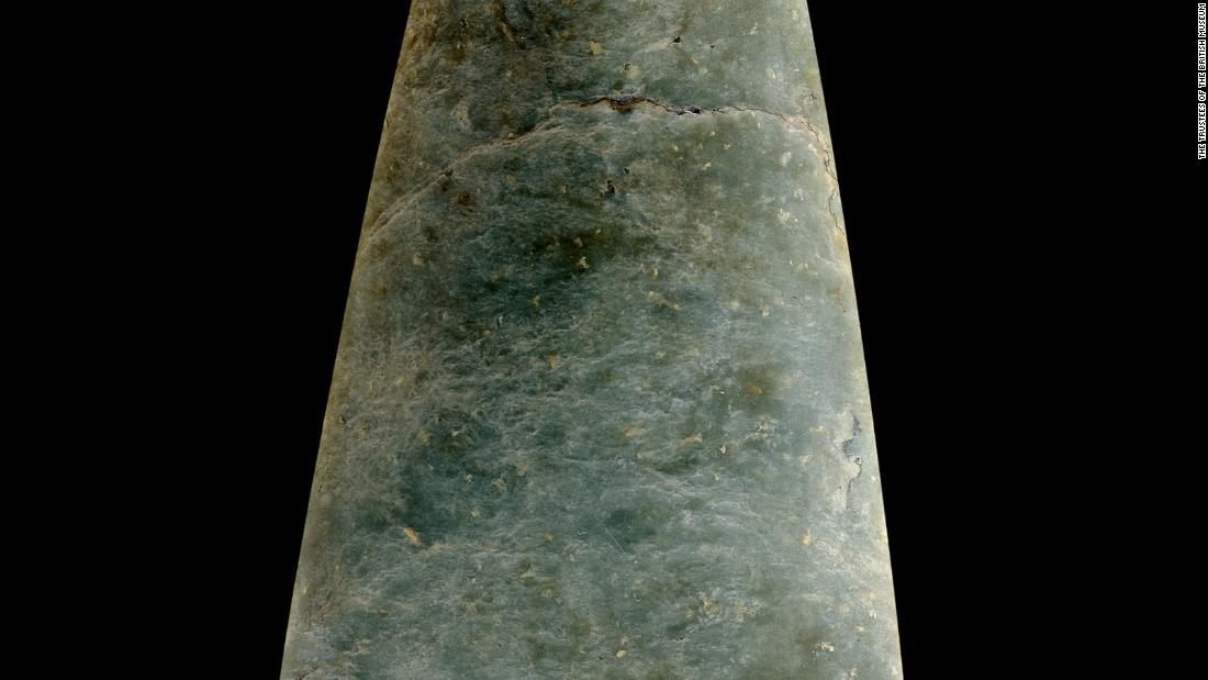 This finely worked jadeite ax-head was made from material quarried in the high Italian Alps 6,500 to 5,500 years ago. It would have belonged to some of the first farmers to arrive in Britain.