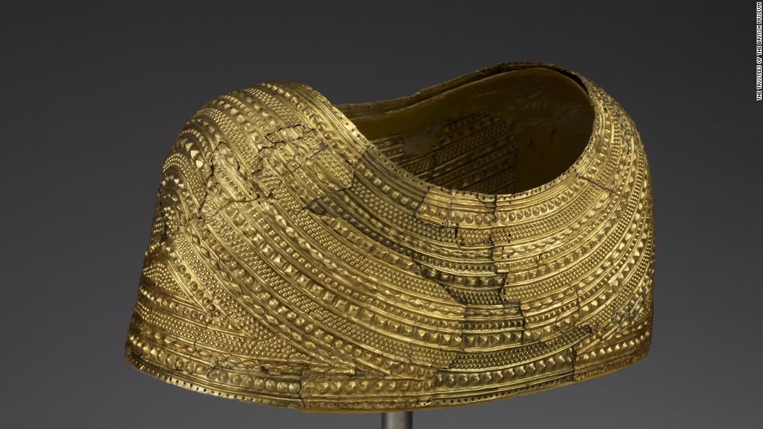This ceremonial gold cape, found in Wales, is about 4,000 years old and would have marked its wearer as an extraordinary person. It would have been part of an outfit that included more than 200 amber beads sewn to woven fabric. 
