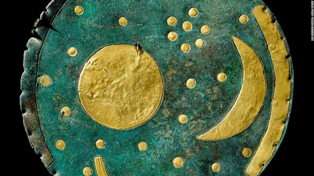 The Nebra Sky Disc was unearthed in Germany and is about 3,600 years old. It&#39;s the earliest known depiction of the cosmos. The artifact&#39;s inlaid gold is from Cornwall, England, showing the world at that time was deeply interconnected. Photo courtesy of the State Office for Heritage Management and Archaeology Saxony-Anhalt, Juraj Lipták