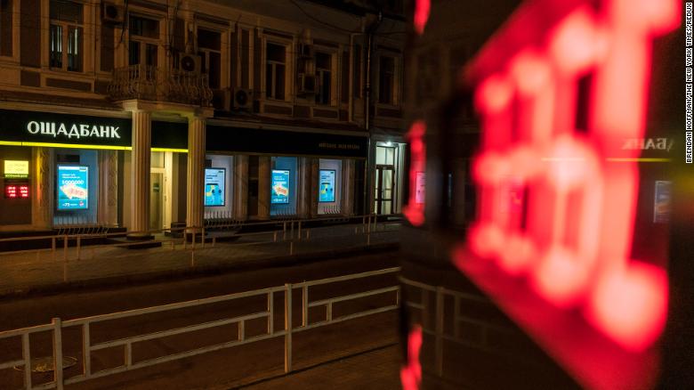 A location of Oschadbank, a state-owned bank, is seen in Kyiv on February 15. The websites of Ukraine's defense ministry and army, as well as the interfaces of the country's two largest banks, were <a href="https://www.cnn.com/2022/02/15/world/ukraine-cyberattack-intl/index.html" target="_blank">hit by cyberattacks,</a> according to Ukrainian government agencies.