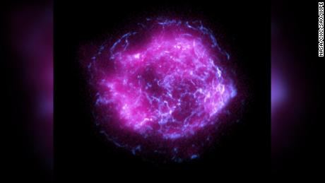 This image shows supernova remnant Cassiopeia A, combining the first X-ray data collected by NASA&#39;s Imaging X-ray Polarimetry Explorer in purple, with high-energy X-ray data from NASA&#39;s Chandra X-Ray Observatory in blue.
