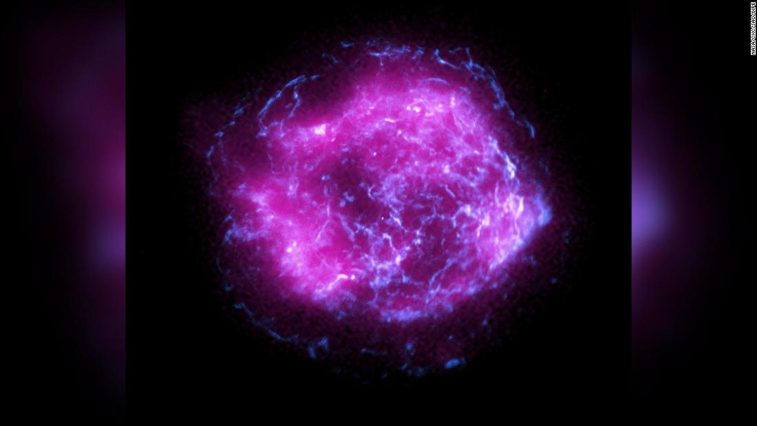 This image of the supernova remnant Cassiopeia A combines some of the first X-ray data collected by NASA&#39;s Imaging X-ray Polarimetry Explorer, shown in magenta, with high-energy X-ray data from NASA&#39;s Chandra X-Ray Observatory, in blue.