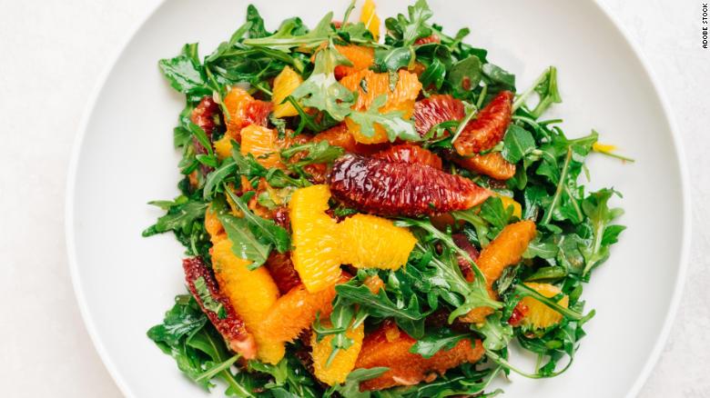 A citrus arugula salad with blood orange, cara cara and naval oranges is a refreshing treat.