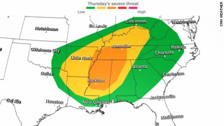 The projected threat of severe storms for the Mid-South and Southeast Thursday.