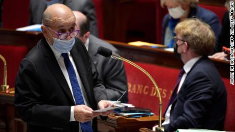 France&#39;s European and Foreign Affairs Minister Jean-Yves Le Drian speaks at the French National Assembly in Paris on February 15, 2022. 