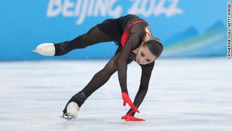 Valieva falls during her free skating routing on February 17, 2022.