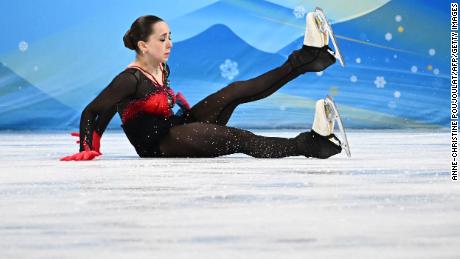 Valieva falls as she competes in the women&#39;s individual free skating program.