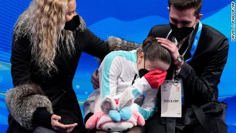 Kamila Valieva reacts after competing in the women's free skate program on February 17, 2022.