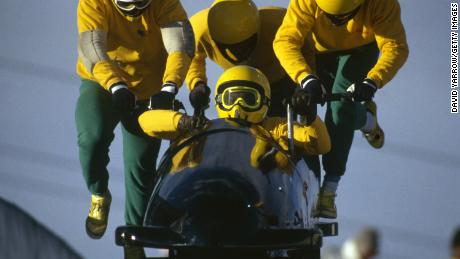 The Jamaican four-man bobsled team in action at the 1988 Calgary Winter Olympic Games held on February 25, 1988 in Calgary, Canada, which inspired the film &quot;Cool Runnings.&quot;