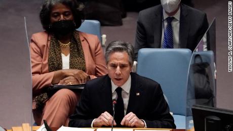 US Secretary of State Antony Blinken, with US Ambassador to the UN Linda Thomas-Greenfield (L), speaks at a UN Security Council meeting on Ukraine, on February 17, 2022, in New York. 