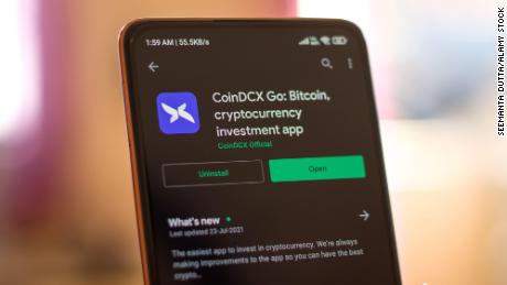 The CoinDCX app is seen on a phone screen in West Bengal, India, in August 2021.