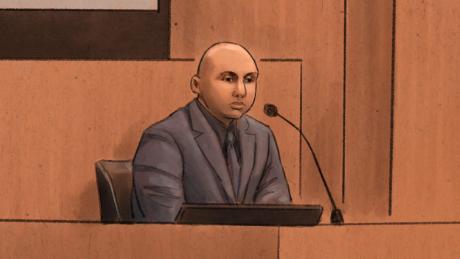 A courtroom sketch of J. Alexander Kueng testifying on February 17, 2022.