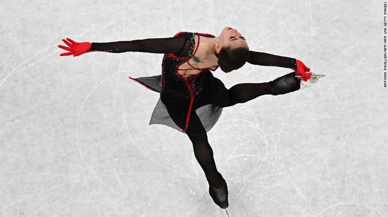 Kamila Valieva competes in the women&#39;s single skating free skating of the figure skating event during the Beijing 2022 Winter Olympic Games at the Capital Indoor Stadium in Beijing on February 17, 2022. 