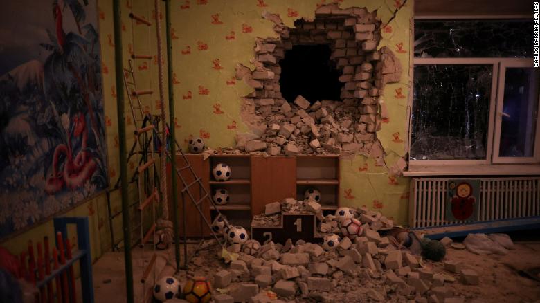 A kindergarten in Stanytsia Luhanska, in Ukraine's eastern Donbas region, was hit by a shell on Thursday.
