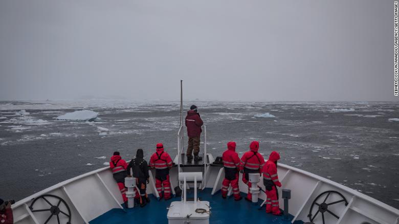 A Turkish science expedition vessel creeps through Grandidier Channel and Penola Strait in Antarctica on February 7, moving slowly to avoid icebergs.