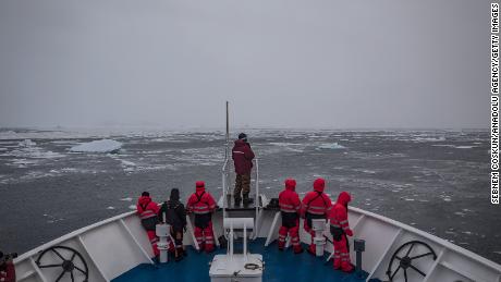 A Turkish science expedition vessel crawls through the Grandidier Channel and Penola Strait in Antarctica on 7 February, moving slowly to avoid icebergs.