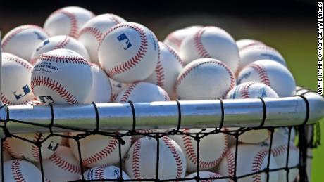 Detailed view of major league balls used for batting practice by the the Seattle Mariners for the game against the Los Angeles Angels at Angel Stadium of Anaheim on July 16, 2021 in Anaheim, California.