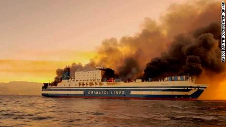 The ferry is seen on fire in the Ionian Sea near the island of Corfu, Greece, on Friday.