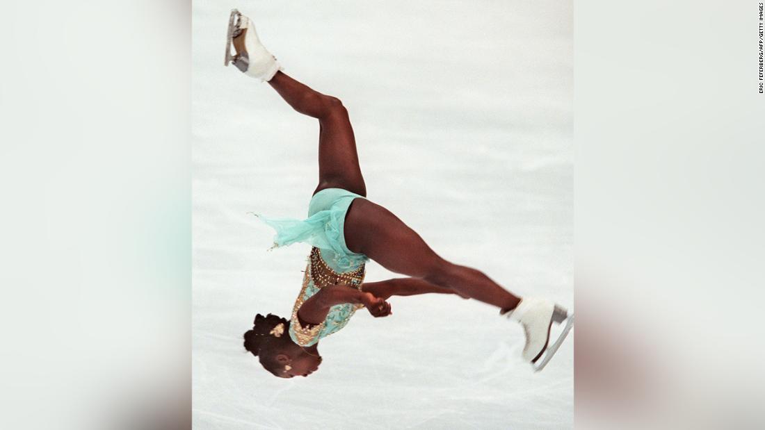 Surya Bonaly of France performs a backflip in her free skate routine in the women&#39;s Olympic figure skating in Nagano on February 20, 1998.
