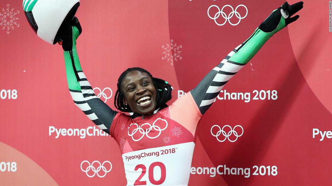 Simidele Adeagbo of Nigeria reacts as she finishes a run during the Women&#39;s Skeleton on day eight of the PyeongChang 2018 Winter Olympic Games on February 17, 2018.