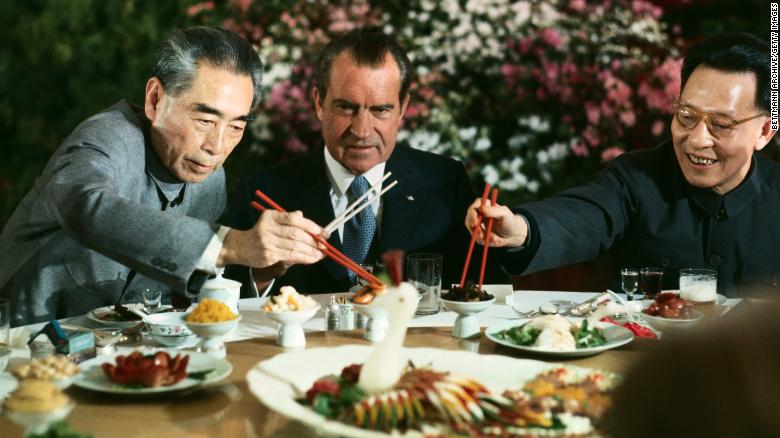 President Richard Nixon with Premier Zhou Enlai (left) and Shanghai Communist Party leader Zhang Chunqiao at a farewell banquet during Nixon's visit to China in 1972.